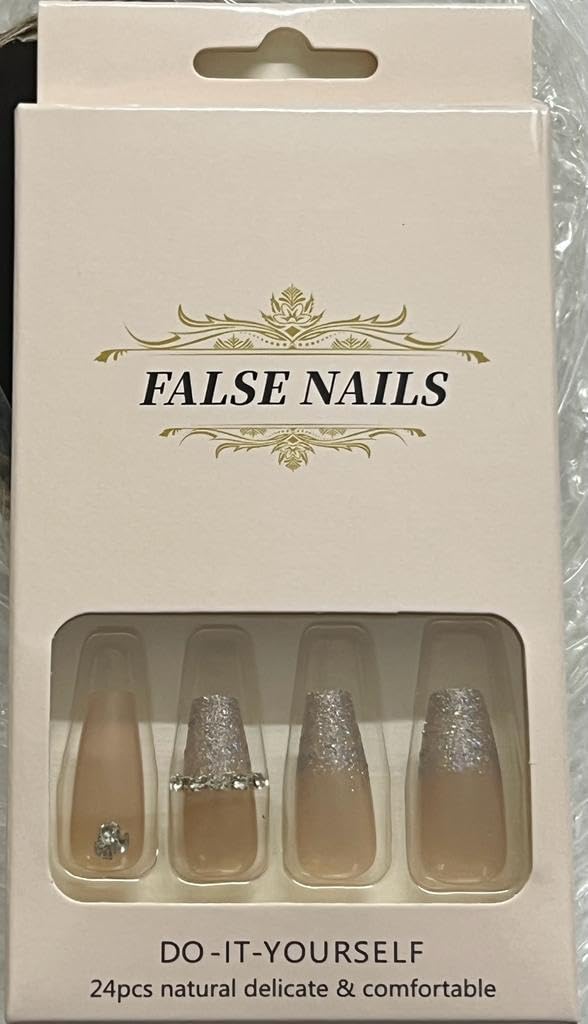 VIKSON INTERNATIONAL 24 Pcs press on Beige Silver || Rhinestone Studed long || Press on Fake Artificial Reusable Nail extension set || With Nail Glue Sticker Sheet & Nails Apply kit || For Girls Women (Beige Silver) 3