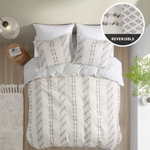 Image of Ink+Ivy Comforter Set for Queen Size Bed - Cotton Comforter Set, Boho Bedding Set for All Seasons, Farmhouse Bedding Comforters & Sets with 2 Pillowcase, Jacquard Stripes, Ivory 3 Piece Full /Queen