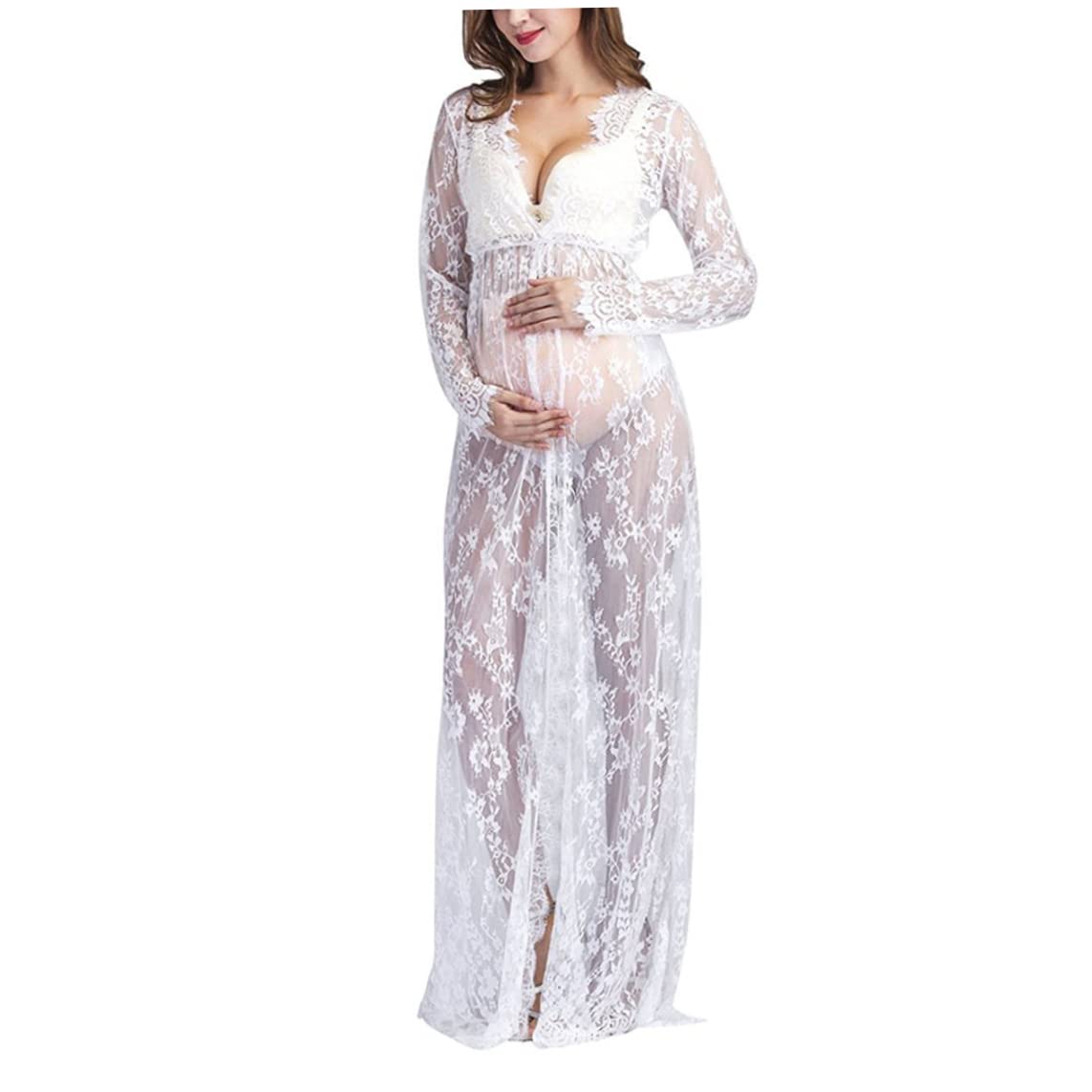NIDONE Robe de Photographie de maternité col en V en Dentelle à Manches Longues Robe Longue maternité pour Femmes Enceintes Blanc S