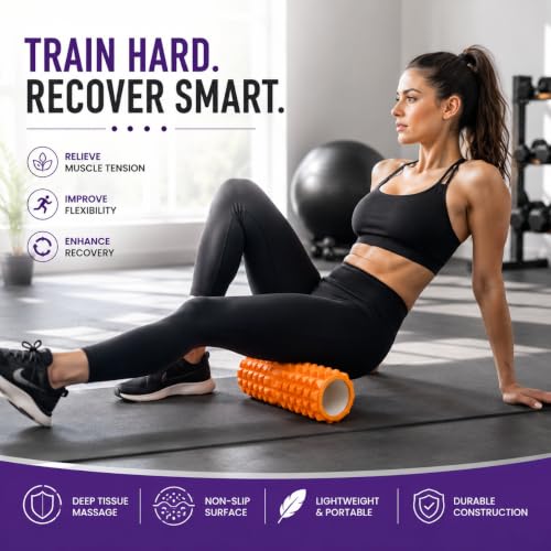 Image of Foam Roller for Exercise & Gym | Deep Tissue Muscle Massage Roller for Back, Neck, Calf & Thigh Pain Relief | Yoga, Stretching, Recovery & Fitness Workout Equipment | 33cm Orange