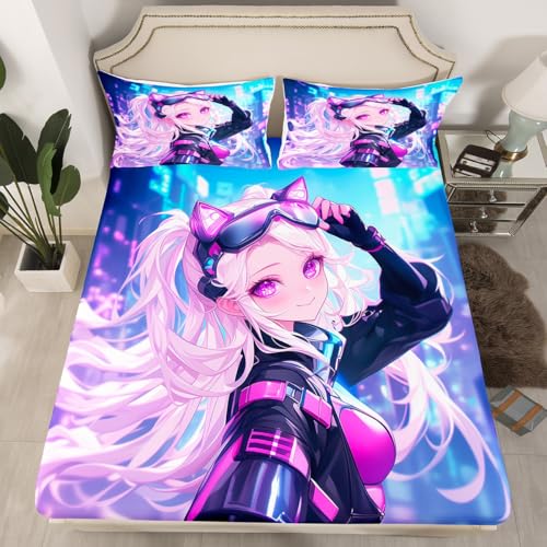 Erosebridal Girls Japanese Anime Fitted Sheet Queen, Kawaii Anime Girl Bed Sheets Cartoon Manga Girl Bedding Set for Kids Teens Adult Women, Japanese Animation Sci Fi Style Sheets,Blue Purple