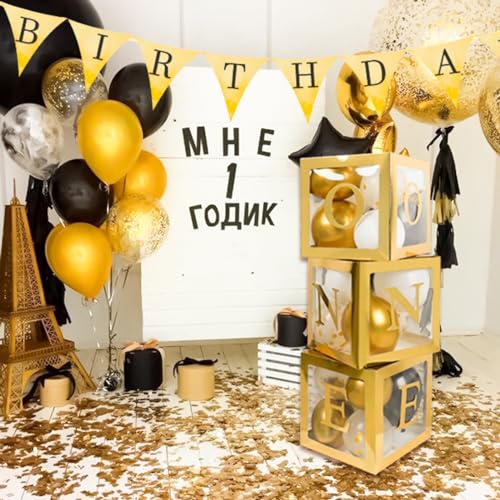 Image of Gold First Birthday Decorations for Boys or Girls, 3 Pcs ONE Balloon Boxes for 1st Birthday with ONE Letters for Photoshoot Props, Cake Smash Backdrop