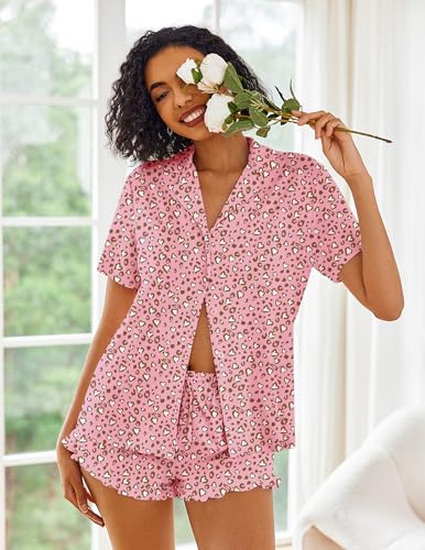 Image of Ekouaer Pajamas Set for Women Short Sleeve Sleepwear Button Down Pjs Lounge Sets Soft Nightwear
