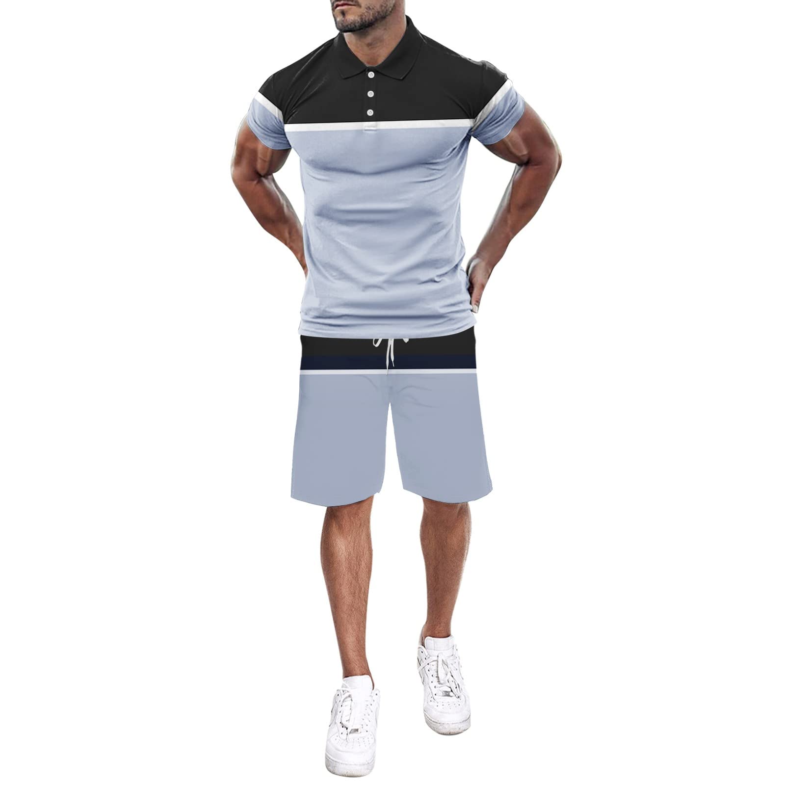 QWUVEDS Conjunto de camiseta y pantalones cortos de manga corta para hombre, conjunto de verano de 2 piezas, camiseta y pantalones cortos para hombre, camiseta y pantalones cortos, conjunto de