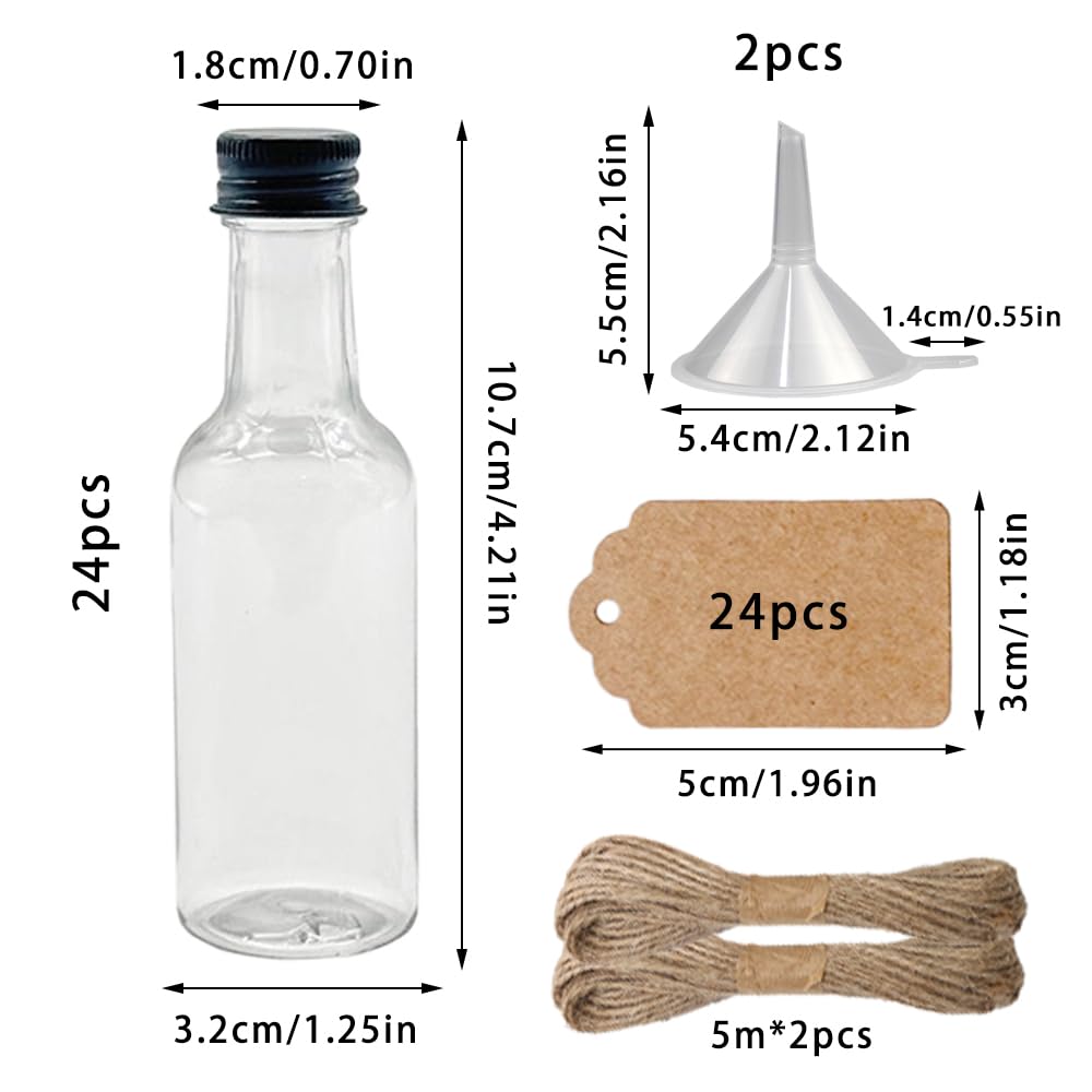 24 Pezzi Mini Bottiglie 50ml Bottigliette per Liquori con 3 Mini Imbuti Bottiglie Alcolici con 24 Etichette e Corde Mini Bottiglie di Liquore per Matrimoni e Feste