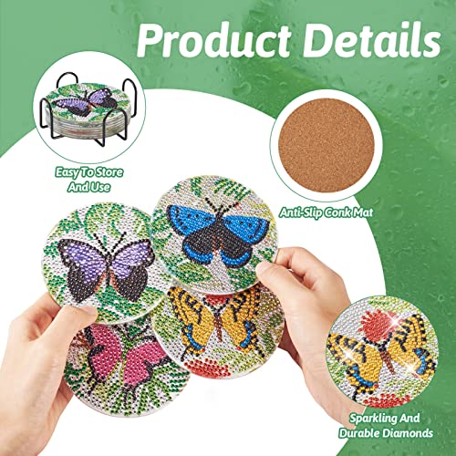 Beadthoven 8pcs Diamond Painting Coasters with Holder Butterfly Diamond Art Cup Mat Kits with Tools for DIY Cup Drinks Coasters Desktop Decorations - Image 3