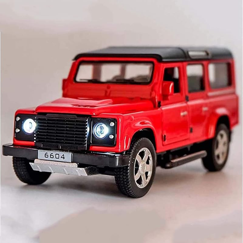 Image of Kids Model 1:32 Defender Die Cast Metal Car Pull Back Action Opening Doors with Realistic Engine Sound Lights Toy Car Gift for Boys - Red