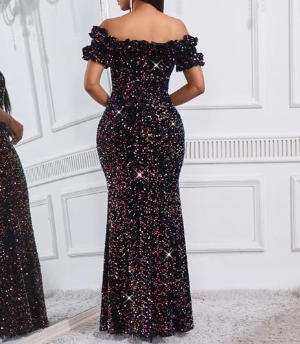 Image of dasmzper Women Sexy Sequin Off Shoulder Ruffle Short Sleeve Bodycon Mermaid Party Formal Evening Maxi Dress