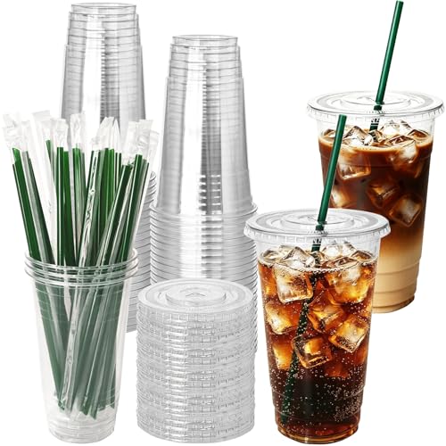 Qinsihwn 25 Pack 24 oz Clear Plastic Cups with Lids and Straws PET Iced Coffee Cups Disposable To Go Cups for Cold Drinks Milkshakes Coffee Bar Accessories Smoothies