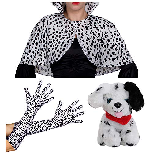 Déguisement de la Femme Cruelle qui n'aime pas les Chien. Une Cape Dalmatien, Gants Dalmatien et un petit Chien en Peluche - Idéal pour vos Fêtes d'Halloween entre Amis et Famille - Taille XL