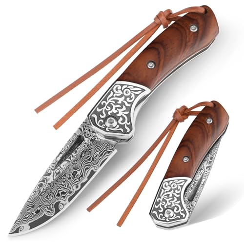 DRACHENADER Navaja Damasco – 67 capas de acero VG10 Damasco, forjada a mano, navaja de apertura manual con Liner Lock y mango de madera, como regalo y para coleccionistas