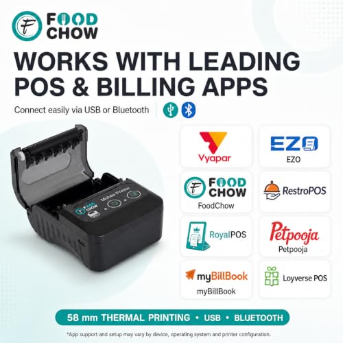 Image of 58mm (2 Inch) Portable Receipt Printer | ESC /POS KOT Billing | Bluetooth+USB | 1500mAh Rechargeable | Android /iOS /Windows | Retail /Restaurant | 50+ Apps | Swiggy /Zomato | 1 Year Warranty