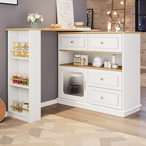 MURUL Tavolo da bar allungabile con spazio di archiviazione (125 – 181 × 39 × 104,5 cm), girevole a 360°, tavolo moderno e mobile, tavolo da cucina, tavolo da bistro, credenza con ripiani e vetro