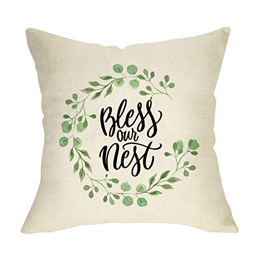 Fbcoo Bless Our Nest Throw Pillow Cover Farmhouse Quotes Decorative Cushion Case Green