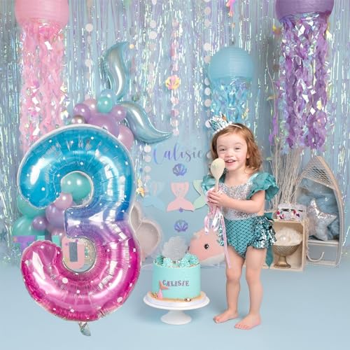 Image of Large Blue Pink Starry 3 Balloons, 40 Inch Giant Mermaid Helium Mylar Foil Globos Numero for Girls, Self Inflating Rainbow 3rd Birthday Balloon for Women Three Anniversary Party Decorations Supplies