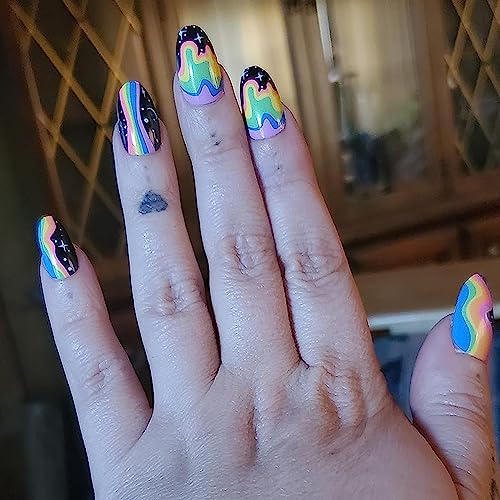 Press On Nails Short - Neon Rainbow Stars River Glue On Nails Medium Fake Nails Oval Round Stick On Nails Gel Finish Reusable Stick On Nails False Nails By Showmore, 24 Nail Kit With Glue #TOP1