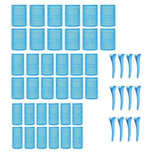 KEYRI 48 Stück Lockenwickler Set Jumbo Groß Haftwickler Selbsthaftend Hair Rollers mit Haar Klammer DIY Locken Ohne Hitze für Lange Mittlere Kurze Salon Friseur (Blau, 3 Größe)