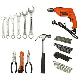 BLACK+DECKER HD565K Power and Hand Tool Kit with 550W,13mm Variable Speed Dual Mode Drill Machine (42 Tools)--Ideal for Home repairs,Plumbing,Carpentry and Electrical Repairs