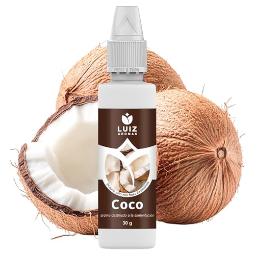 LUIZ AROMAS | Aroma Coco - Aroma Alimentario en Gotas para dulces de Hornear, Pasteles, Bizcochos y Tartas | Producto Vegano sin Calorías y sin Azucar | Producto 100% Italiano (30g)