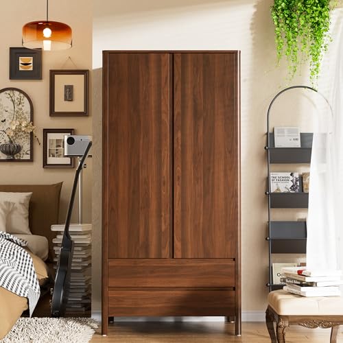 Image of Furniway Armoire Wardrobe Closet, 70.9 inch Tall Wardrobe Cabinet with 2 Doors, 2 Large Drawers and Hanging Rod, Wooden Clothing Storage Cabinet for Bedroom, Cloak Room, Walnut