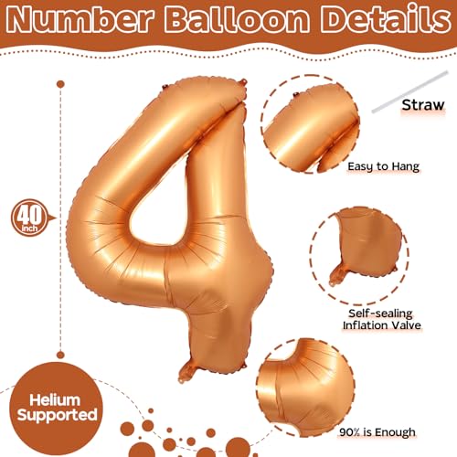 Image of Large Foil Number 4 Balloons, 40 Inch Number Balloon 4 Decor for Boys, Mylar Helium Self Inflating Orange 0-9 Set Balloon for Kids Girls 4th Birthday Anniversary Celebration Party Decorations Supplies