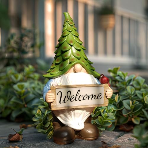 hvfun Large Garden Gnome Statue with Solar Lights, 13.5” Welcome Sign Gnome Outdoor Decor for Yard Lawn Patio, Funny Resin Gnome Sculptures, Gifts for Women Mom Grandma,Garden Decor Ornament