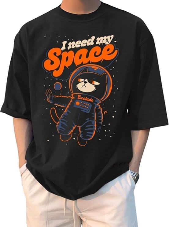 Image of LEOTUDE Half Sleeve Oversized Cottonblend Round Neck Drop Shoulder Printed Men's T-Shirt (Color Black)