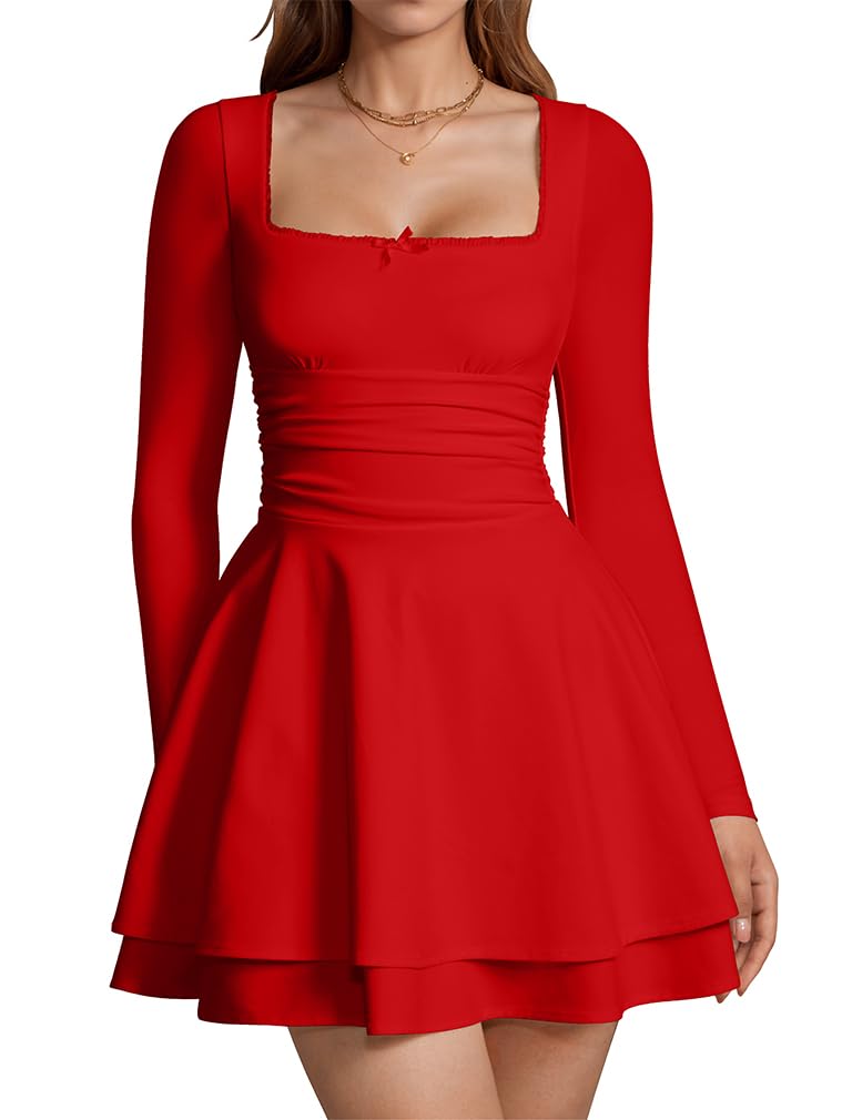 XXTAXN Women s Sexy Lace Sweetheart Neck Long Sleeve Corest Ruched Waist Flowy Mini Dress