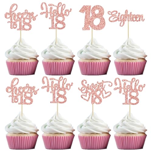 30Pcs18th Birthday Cupcake Toppers Eighteen Happy 18th Cupcake Picks Sweet 18 Cheers to 18 Cake Decorations for 18th Birthday Anniversary Party Supplies Rose Gold Glitter
