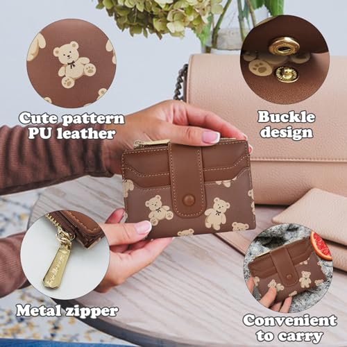 Cute Wallet for Women, Bear Print Zip Bifold Wallet with Front Card Slot, ID Window, Cash Slot, Short Women Wallet Elegant Youthful and Cute (Brown)4