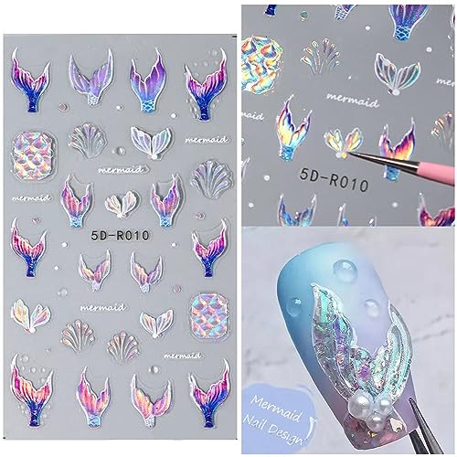 Qdsuh QIPOPVF02 5D Summer Nail Art Stickers, 5D Embossed Holographic Mermaid Nail Decals Mermaid Jellyfish Starfish Ocean Nail Art Supplies Luxurious Summer Nail Design thumb #1