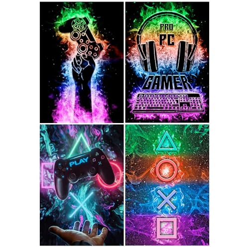 Manette de jeu en peinture diamant 30x40cm, lot de 4 tableaux DIY pour décorer un bureau gamer