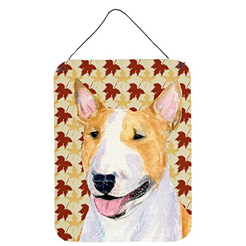 Caroline's Treasures SS4360DS1216 Bull Terrier Fall Leaves Portrait Wall or Door Hanging Prints Aluminum Metal Sign Kitchen Wall Bar Bathroom Plaque Home Decor Front Door Plaque, 12x16, Multicolor