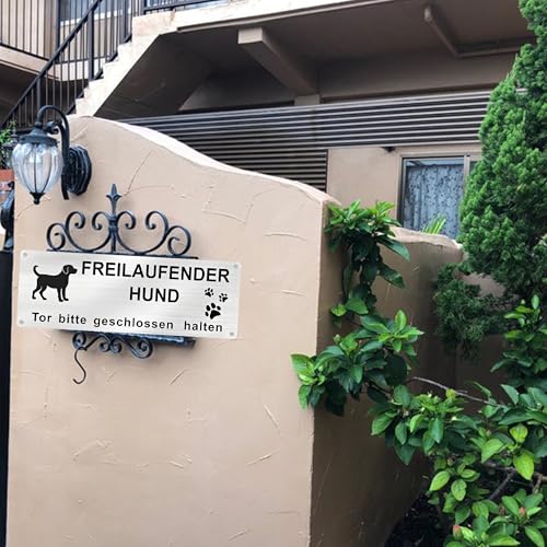 1 Stück Warnschild Hund Achtung Freilaufend, Aluminium mit Selbstklebend & Vorgebohrten Löchern, 25x9cm, Innen/Außen geeignet