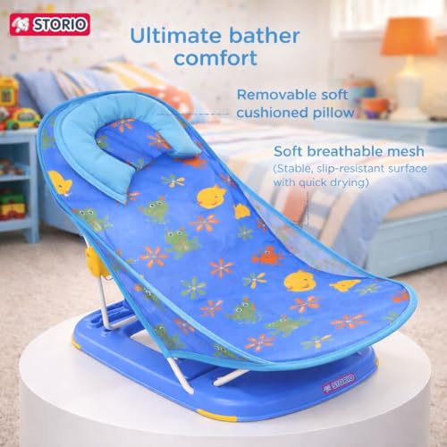 Image of Storio Newborn Baby Bather | Foldable 3-Position Adjustable Bath Chair for Infants 0-12 Months | Anti-Skid Base | Soft Washable Mesh Seat | Comfortable & Safe Bath Support for Babies up to 5Kg - Blue