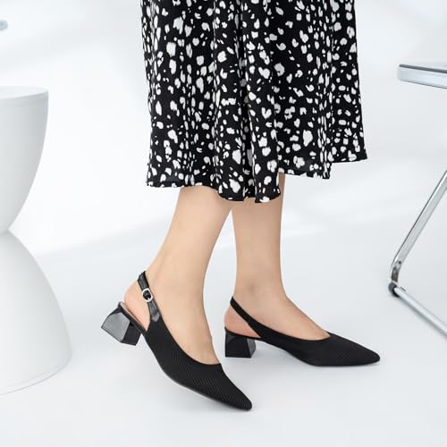 youngshow Womens Adjustable Slingback Heels, Pointed Toe Mid-Low Heel, Cute Knitted Slip On Work Pumps Dress Shoes3