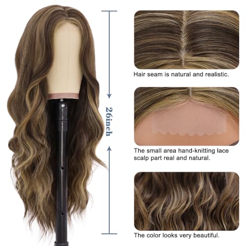 Image of NAYOO Caramel Brown Wig for Women, 26 Inch Middle Part Wavy Synthetic Wig