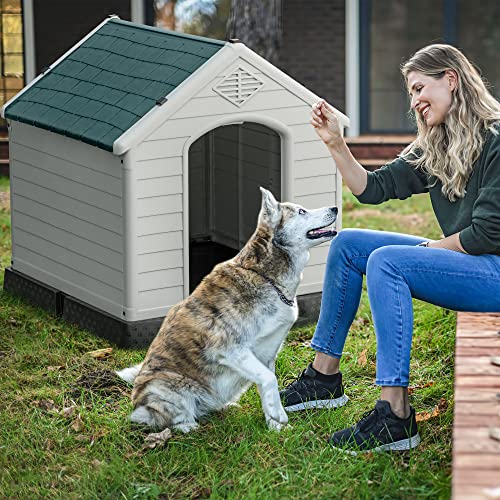 Rankok Waterproof Plastic Dog House, 34.5’’ Outdoor Indoor Doghouse for Small, Medium, Large Sized Dogs, Insulated Puppy Shelter with Elevated Floor, Dog Kennel Easy to Assemble (Gray, 34\") - Thumbnail 2