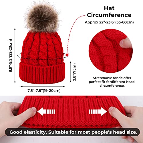 Women's Winter Soft Knit Beanie Hat With Faux Fur Pom Pom,Red #TOP2