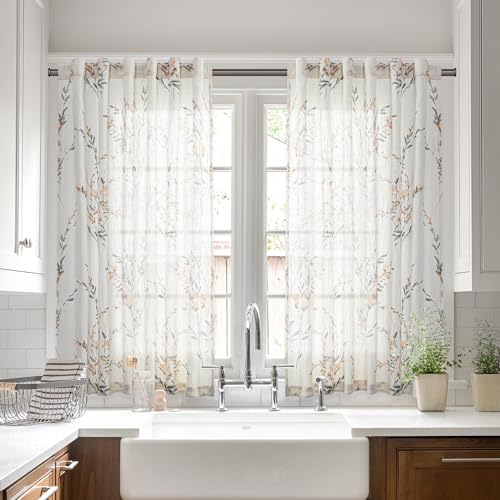 Image of MYSKY HOME Kitchen Window Curtains Linen Sheer 45 Inches Long Yellow