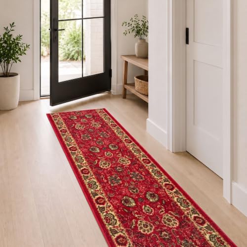 Ottomanson 1'10.5" x 10' Hallway Runner Rug – Non Slip Low Pile Carpet Runner for Entryways, Stairs, Corridors & High Traffic Areas, Red Oriental