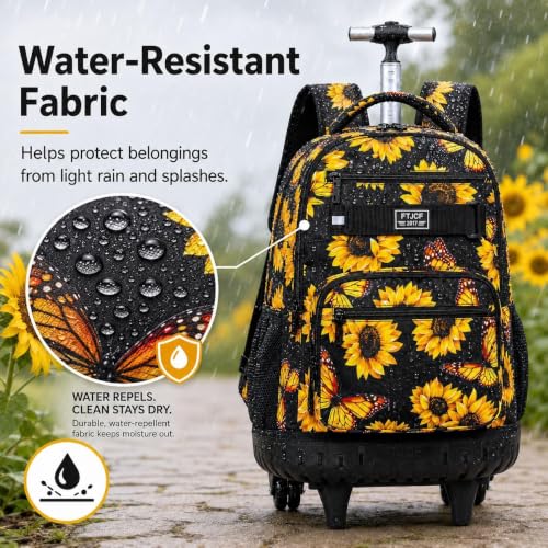Image of 3Pcs Rolling Backpack for Girls, 19 Women Inche Roller Bag with Wheels, Sunflower Wheeled Bookbag Set for Adults(Yellow)