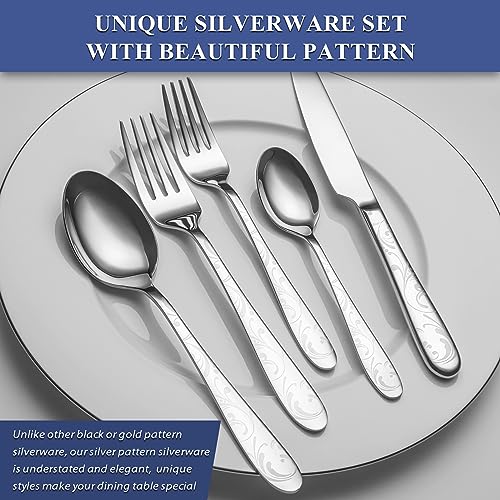 Image of 40 Piece Silverware Set Service for 8, EIUBUIE Premium Stainless Steel Cutlery Set, Mirror Polished Flatware Sets with Pattern Handle, Modern Kitchen Eating Utensils Sets Include Spoons Forks Knives