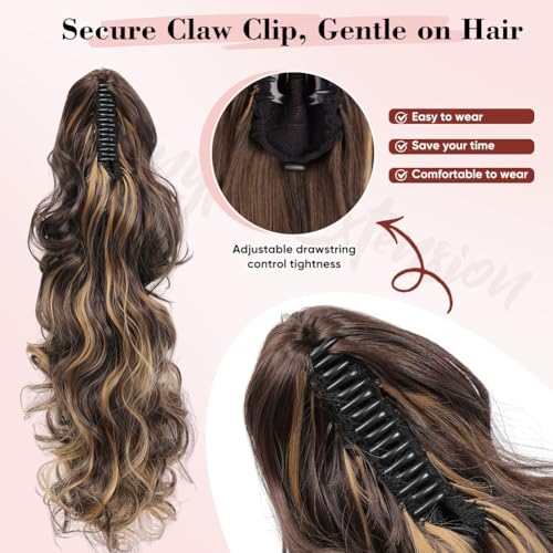 Image of 24 inch Ponytail Extension, Long Curly Wavy Claw Clip and Natural-Looking Synthetic Hairpiece, Voluminous Hair Extensions for Women Daily Wear. (Chestnut Brown with Golden, 24Inch)
