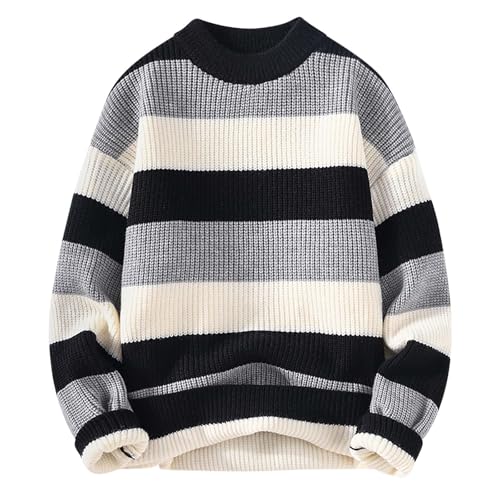 Patchwork Cable Knit Sweater Striped Crewneck Pullover Soft Unisex Knitwear for Men Women Casual Stylish Fall Jumper