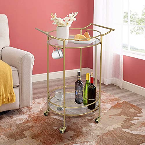 Round Gold Rolling Bar Cart With 2 Mirror Shelves, Wine Rack And Lockable Casters, Suitable For Home Kitchen, Club, Living Room, Thanksgiving, Christmas, New Year, 22"X18"X33" #TOP6