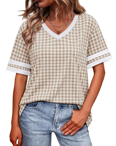 Image of WIHOLL Womens T Shirts Loose Fit Short Sleeve Tees V Neck Color Block Summer Tops 2026 Fashion S-4XL
