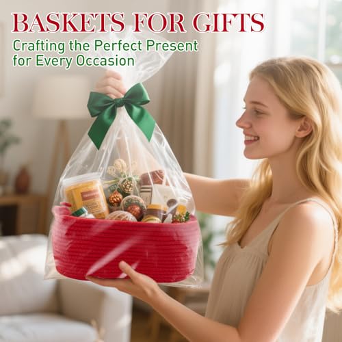 Image of Woven Basket with Gift Bags and Ribbons, 14 inchX 10 inch X 6 inch Storage Basket Red | Gift Storage Organizer Basket Bin Shelf Shelves Cotton Rope Basket for Nursery, Pet Toys