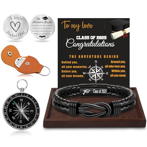 Graduation Gifts for Him, 2025 High School Graduation Gifts Class of 2025 Teen Gift Trendy Stuff Leather Bracelet for Men with Pocket Hug Token Compass College Middle 5th 8th Grade Masters Degree Graduate Knot Jewelry for Son Grandson Boyfriend