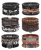 JeweBella 27 Stück Leder Armband Set für Herren Damen Punk Geflochtene Vintage Tigerauge Perlen Schwarz Braun Baum des Lebens Manschetten Armband Seil Wickel Armbänder Einstellbar Geschenk Schmuck